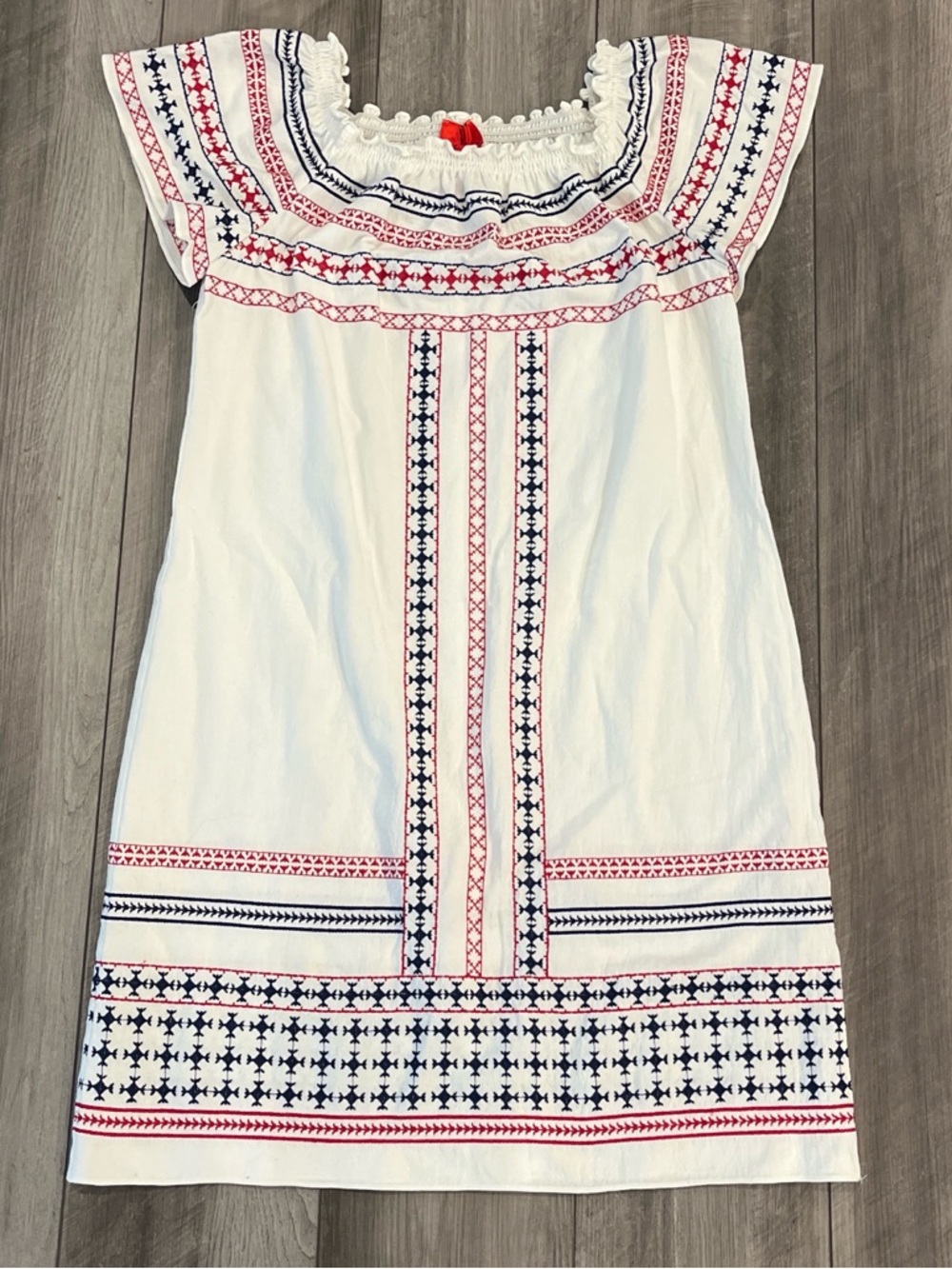 White Embroidered Dress with Red & Navy Trim